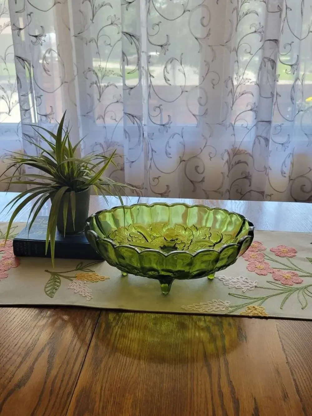 Vintage Indiana Glass Garland Green Footed Centerpiece Bowl Colony Harvest Oval